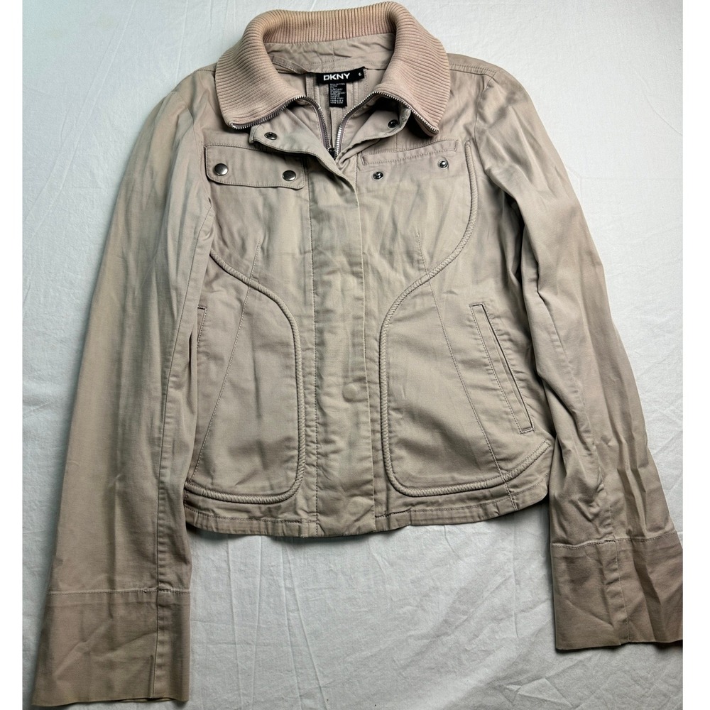 Vintage DKNY Tan Khaki Utility Jacket Ribbed Knit Collar Size 6 Y2K Military